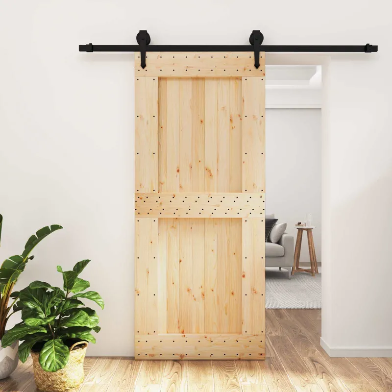 Schiebetür Natürlich und Schwarz 90 x 210 cm Massivkiefer