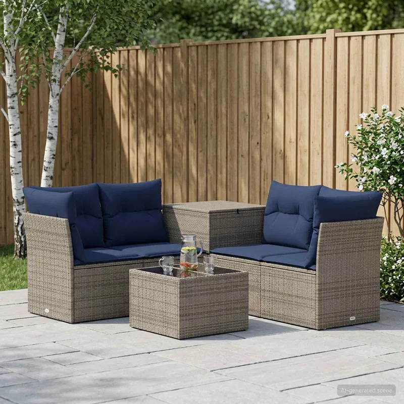 divano Set 6 pz. grigio e Marineblau polyrattan e acciaio