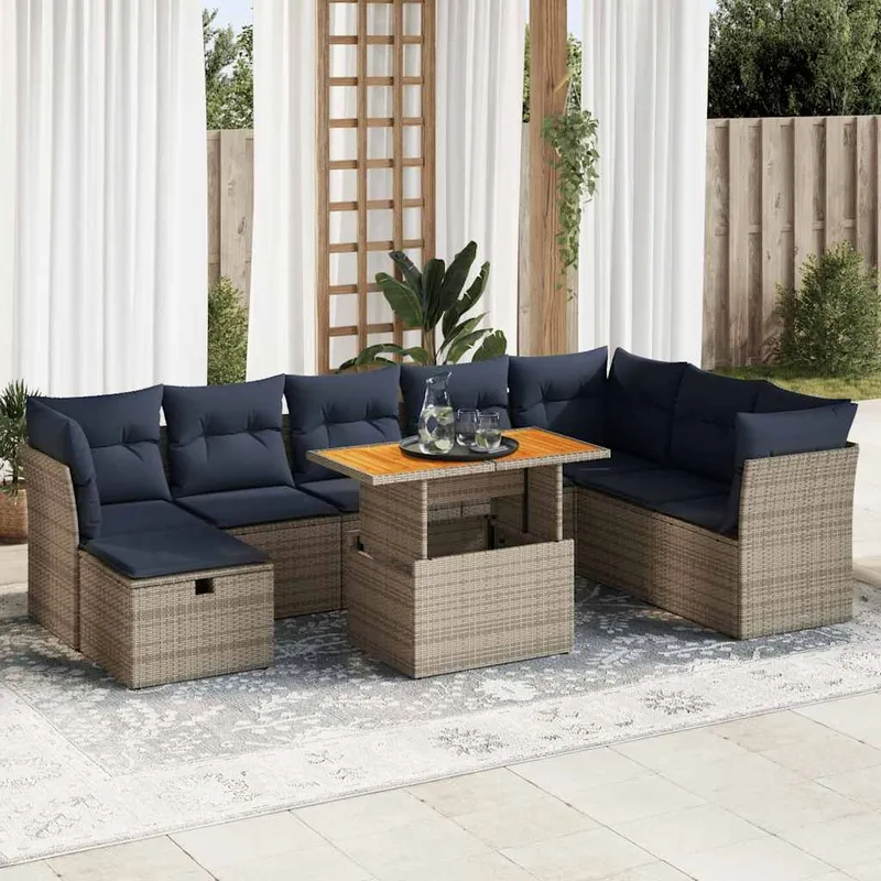 9-tlg. Garten-Sofagarnitur mit Kissen Braun Poly Rattan Akazie