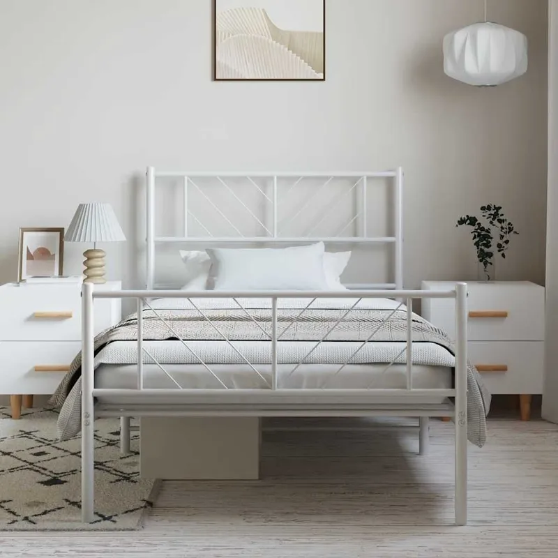 Cadre de lit métal sans matelas et pied de lit blanc 100x200 cm