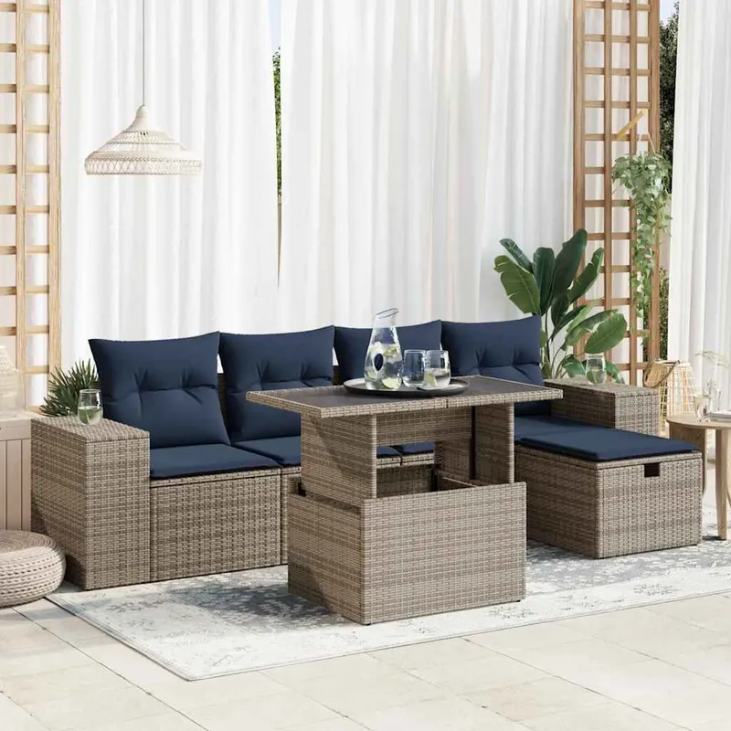 6-tlg. set divano da giardino con cuscini marrone Poly Rattan Akazie