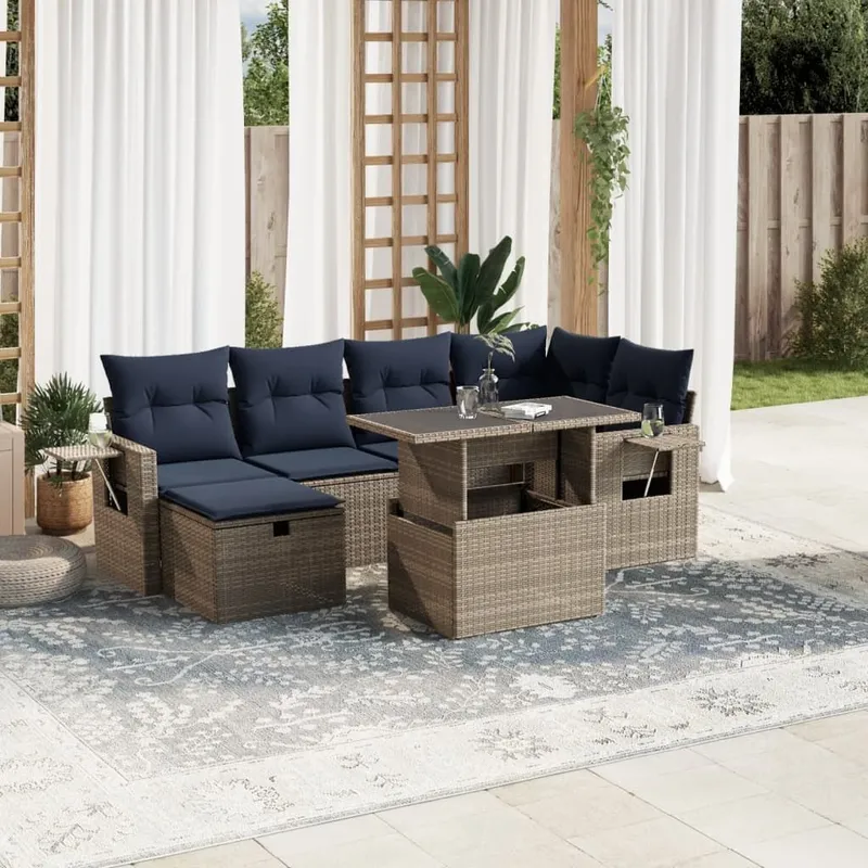 7 pezzi set divano da giardino con cuscini, grigio, polyrattan