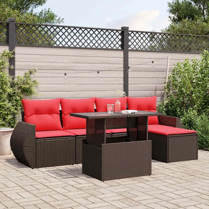 6 pezzi set divano da giardino con cuscini, marrone, polyrattan