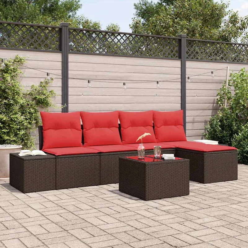 Ensemble de canapé de jardin 5 pc Marron et rouge polyrotin