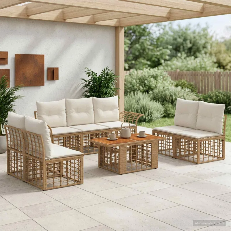 Gartensofa-set 8 stk. Natürlich und Cremweiß Poly-Rattan