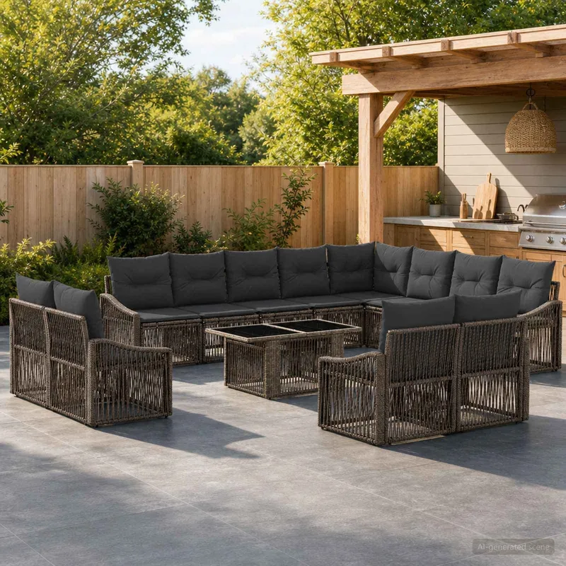 Gartensofa-set 13 stk. Grau und Dunkelgrau Poly-Rattan