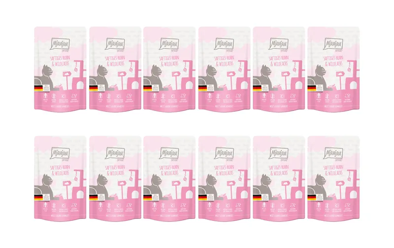 Mjamjam Nassfutter Quetschie Huhn & Wildlachs, 12 x 125 g