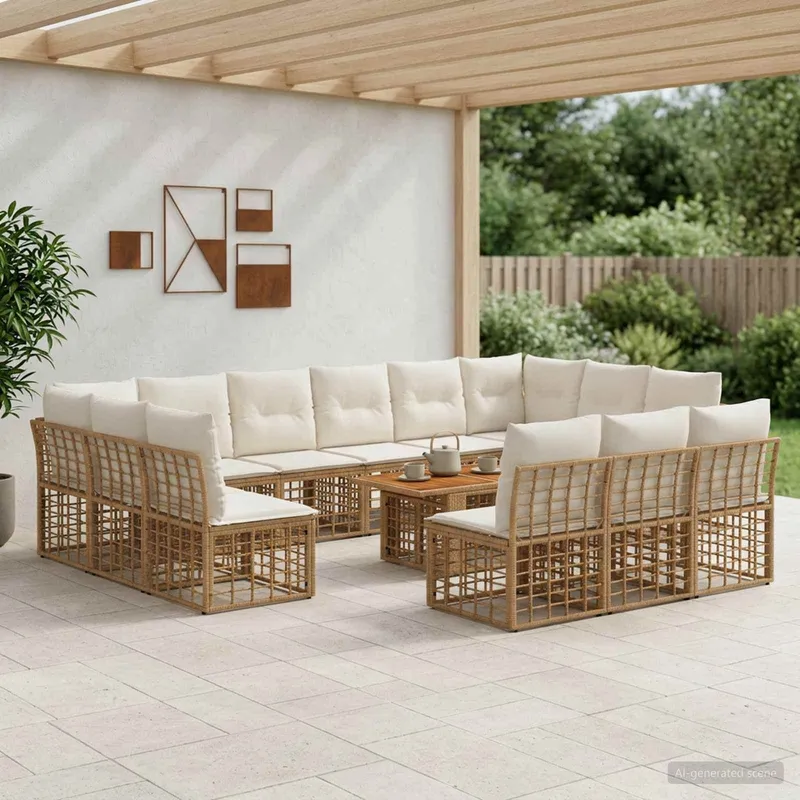 set divano da giardino 14 pz. naturale e Cremweiß polyrattan