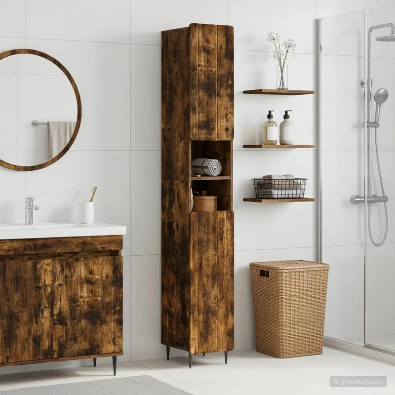 Armoire de Salle de Bain avec Étagère Ouverte ZWOLLE Chêne fumé