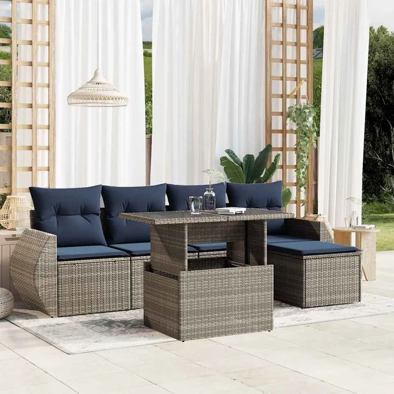 6 pezzi set divano da giardino con cuscini, grigio, polyrattan