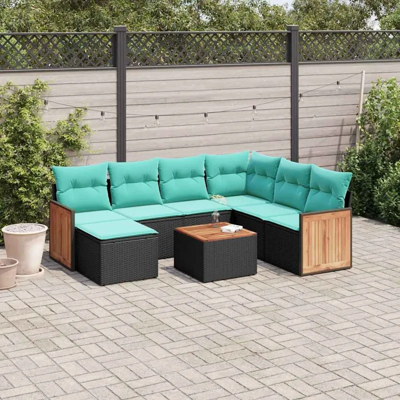 8-teiliges Gartensofa-Set mit Kissen, schwarzes Polyrattan