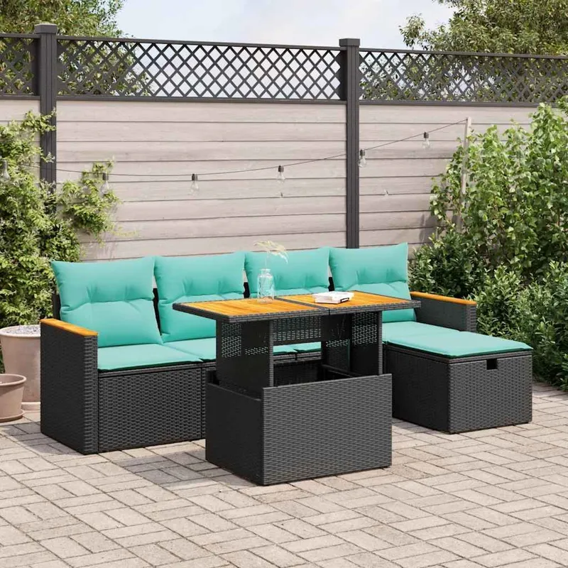6-tlg. set divano da giardino con cuscini nero Poly Rattan