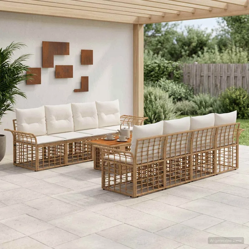 Ensemble de canapé de jardin 9 pc Blanc Naturel et Crème