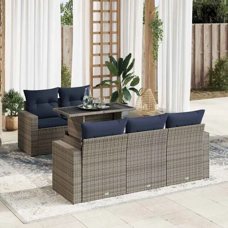6-tlg. Garten-Sofagarnitur mit Kissen Grau Poly Rattan Akazie