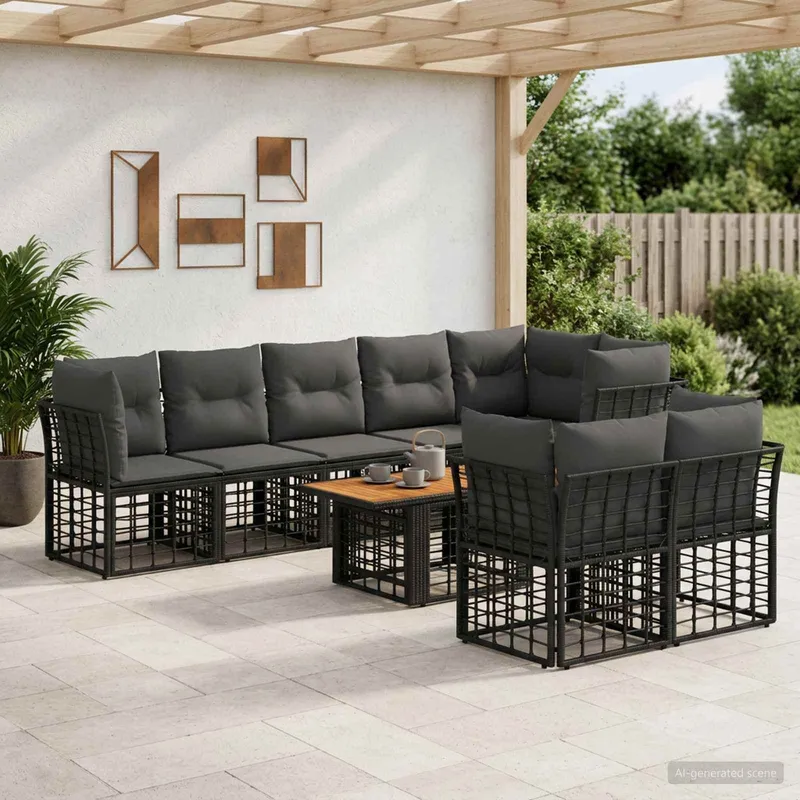 Gartensofa-set 9 stk. Schwarz und Dunkelgrau Poly-Rattan