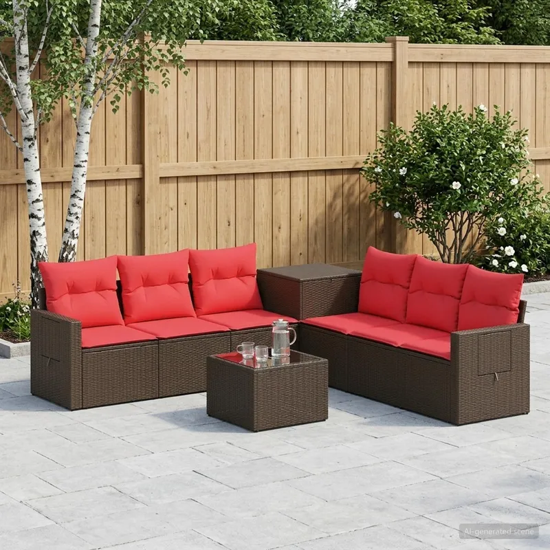 Sofa Set 8 stk. Braun und Rot Polyrattan und Stahl