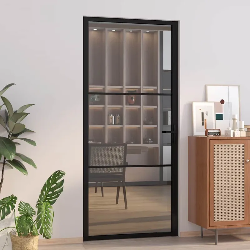 Porte intérieure 93x201,5 cm Noir Verre ESG et aluminium