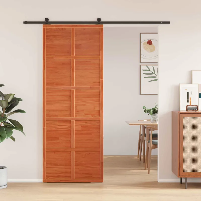 Porte de grange Brun cire 80 x 208 cm Bois de pin massif
