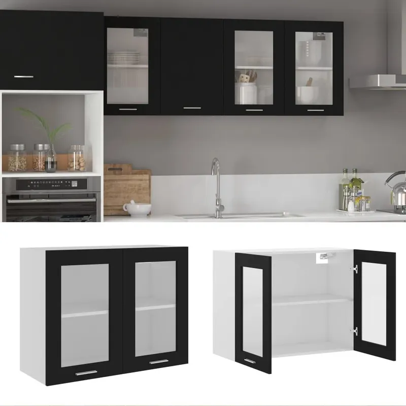 Hängeglasschrank Lyon Schwarz 80x31x60 cm Holzwerkstoff