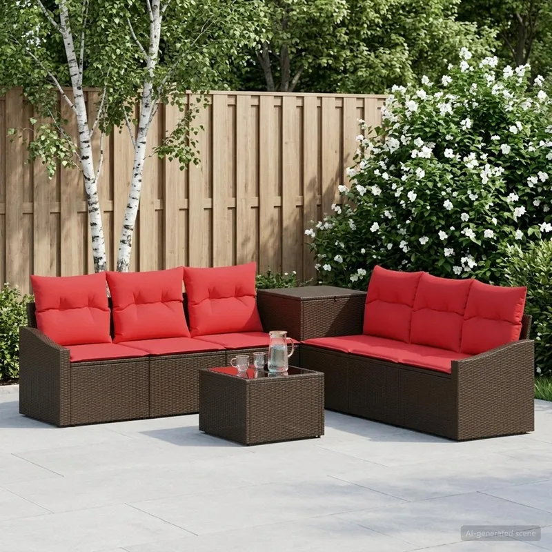 Sofa Set 8 stk. Braun und Rot Polyrattan und Stahl