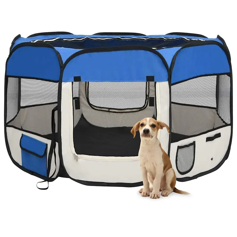 Box Pieghevole per Cuccioli con Borsa per il Trasporto Blu 110x110x58 cm