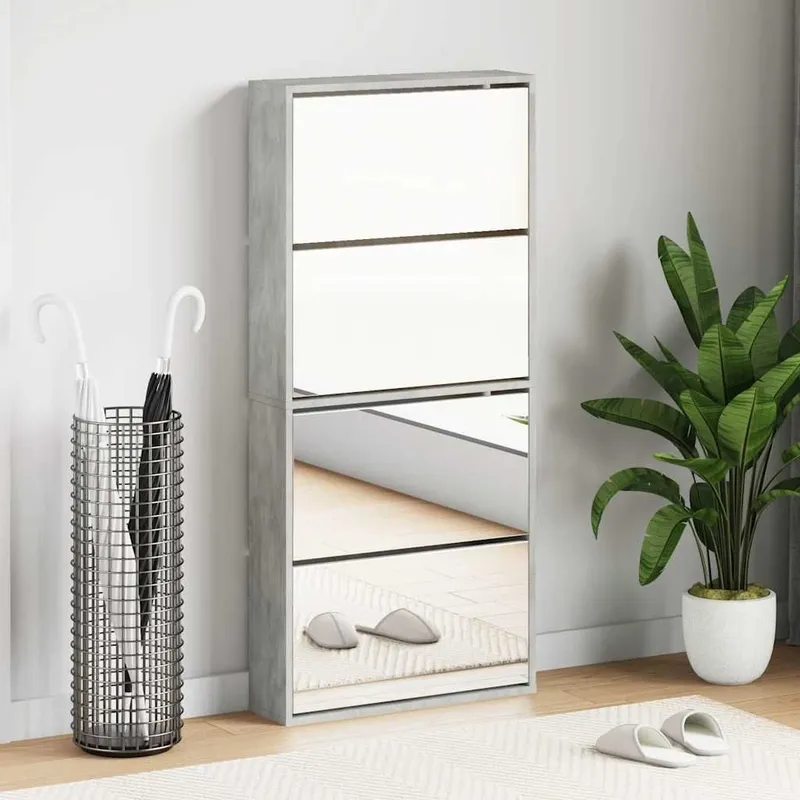 Schuhschrank con Spiegel 4 Fächer grigio cemento 63x17x134 cm