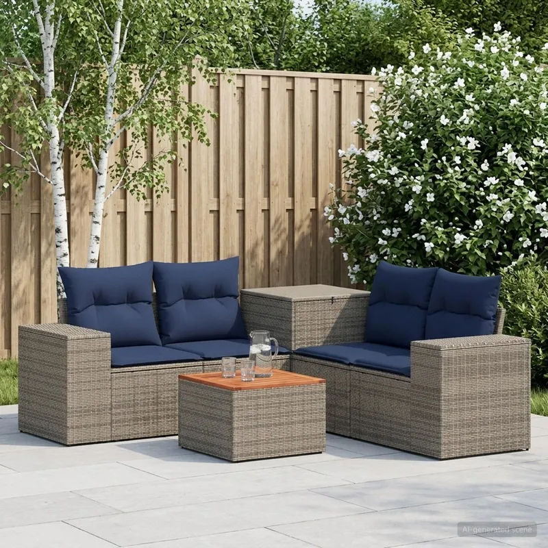 divano Set 6 pz. grigio e Marineblau polyrattan e acciaio