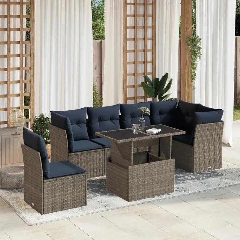7 pezzi set divano da giardino con cuscini, grigio, polyrattan