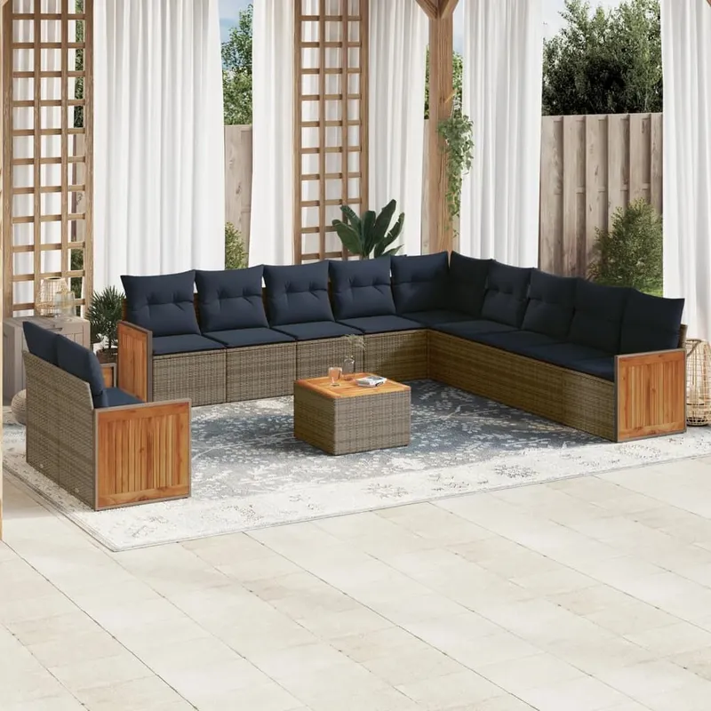 12 pezzi set divano da giardino con cuscini, grigio, polyrattan