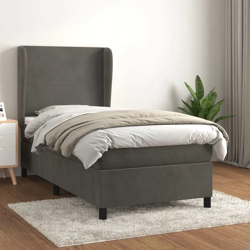 Letto a molle con materasso Grigio Scuro 100x200 cm Velluto