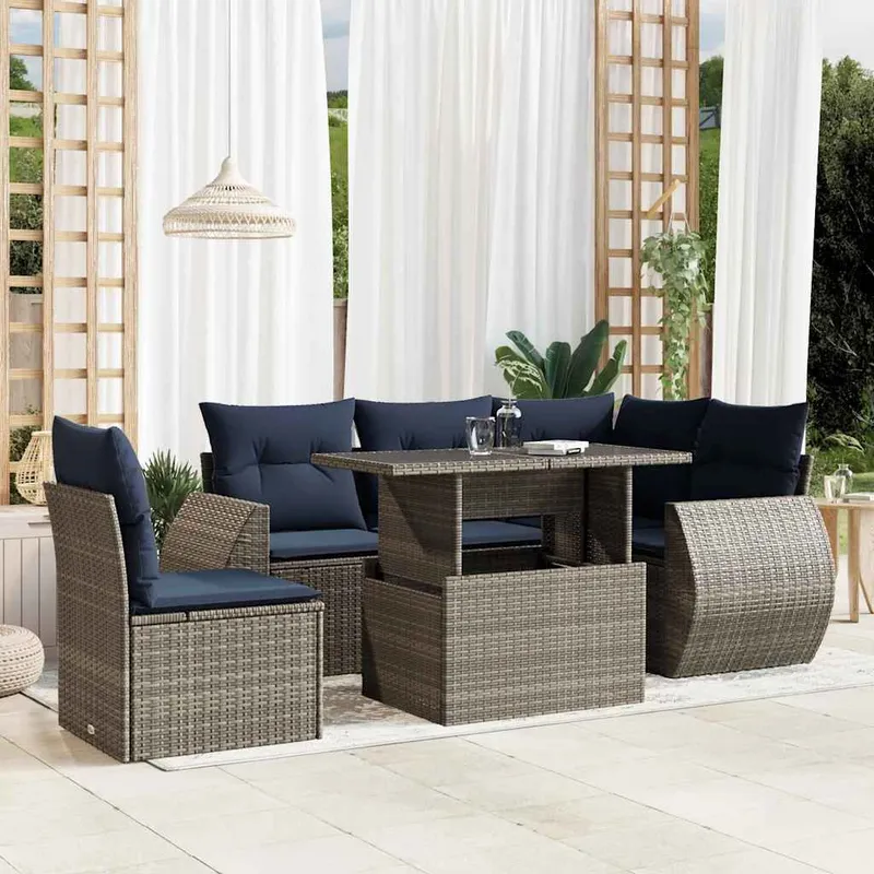 6 pezzi set divano da giardino con cuscini, grigio, polyrattan