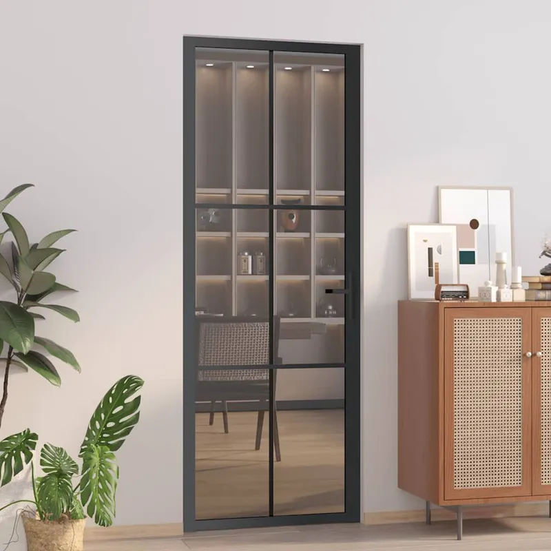 Porte intérieure 76x201,5 cm Noir Verre ESG et aluminium