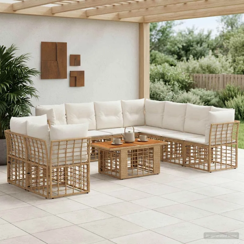 Ensemble de canapé de jardin 10 pc Blanc Naturel et Crème