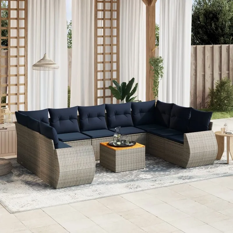 10-teiliges Gartensofa-Set mit Kissen, grau, Polyrattan