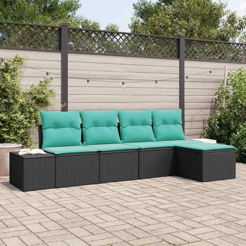 Confezione divano giardino 5 pezzi nero e turchese in polirattan