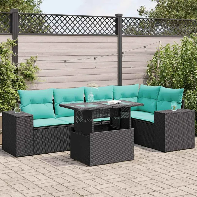 6tlg. set divano da giardino con cuscini nero Poly Rattan Akazie
