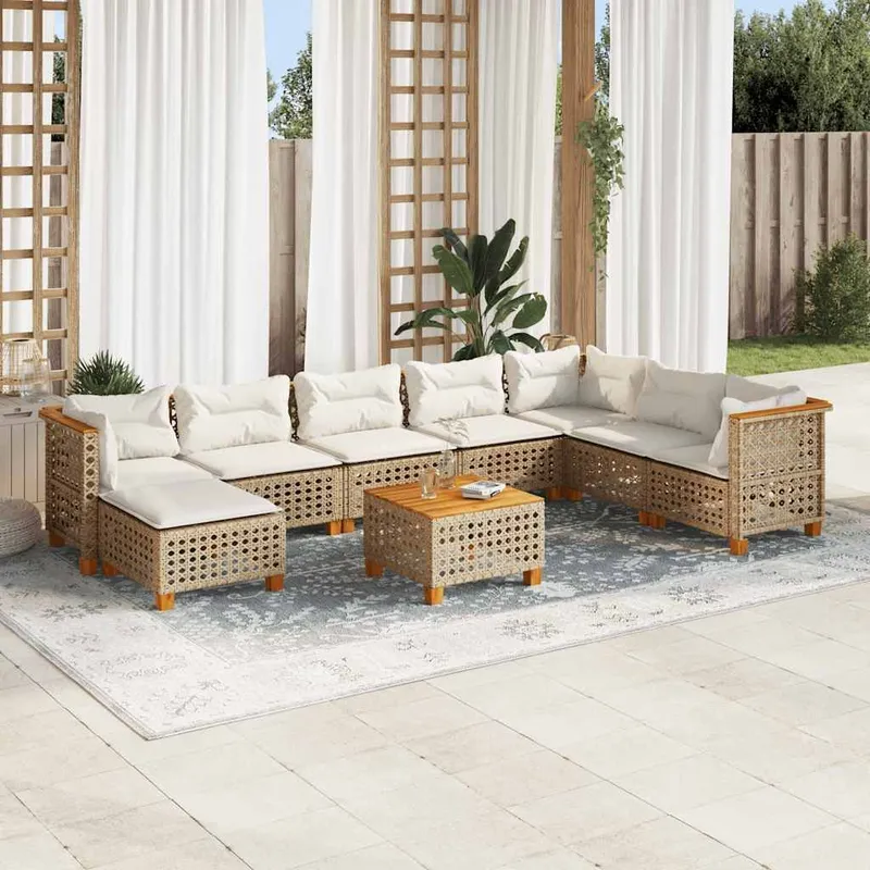 9-tlg. Garten-Sofagarnitur mit Kissen Beige Poly Rattan