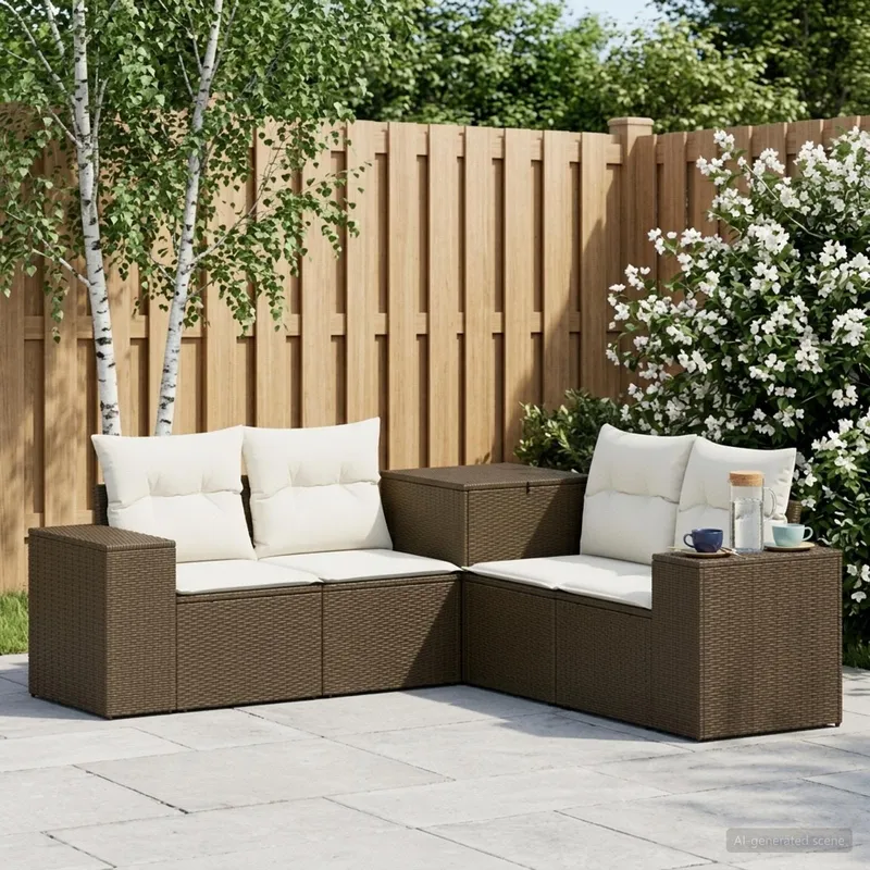 divano Set 5 pz. marrone e crema bianco polyrattan e acciaio
