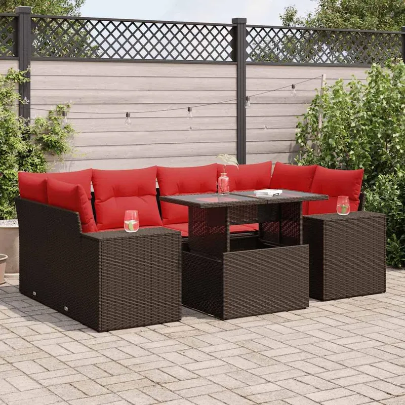 7-tlg. Garten-Sofagarnitur mit Kissen Braun Poly Rattan