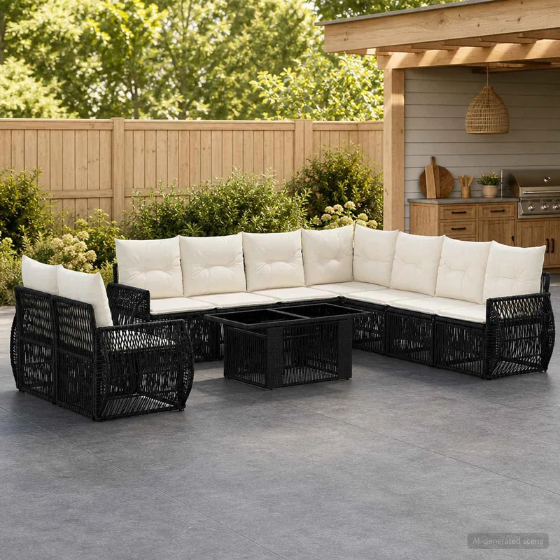 set divano da giardino 10 pz. nero e bianco crema polyrattan