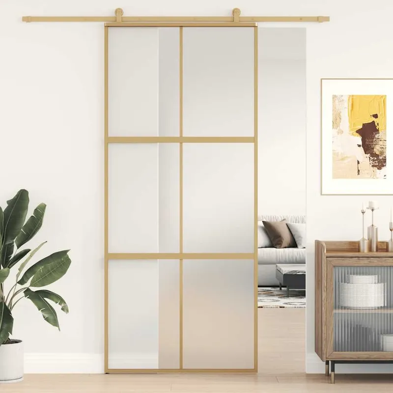 Porte coulissante doré 90x205 cm verre ESG dépoli et aluminium