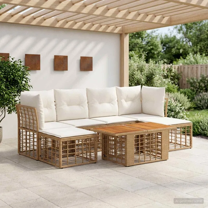 Gartensofa-set 7 stk. Natürlich und Cremweiß Poly-Rattan