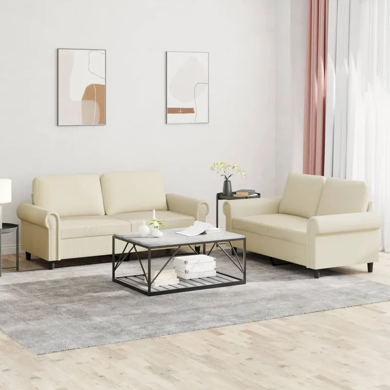 2-tlg. Sofagarnitur mit Kissen Creme Kunstleder
