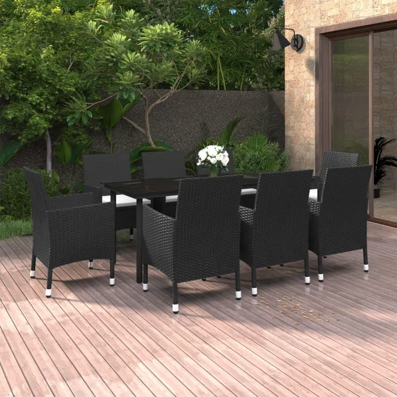 9 pz. set pranzo da giardino con cuscini Poly Rattan e vetro