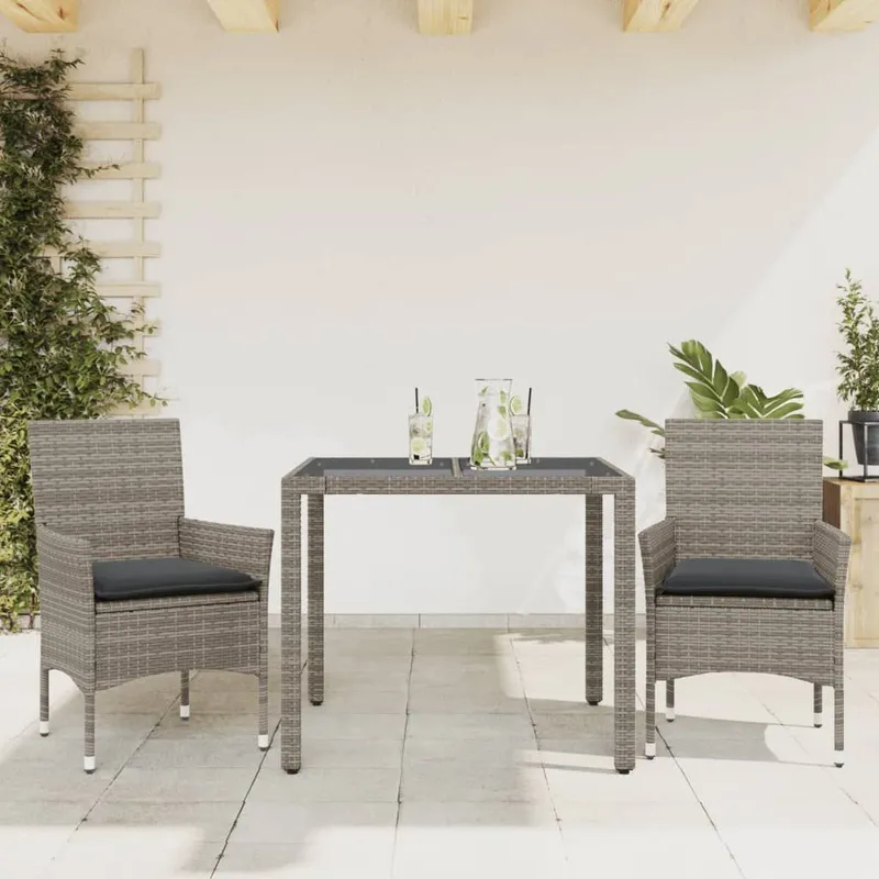 3 pcs garden dining set with cushions grey Poly Rattan and glass