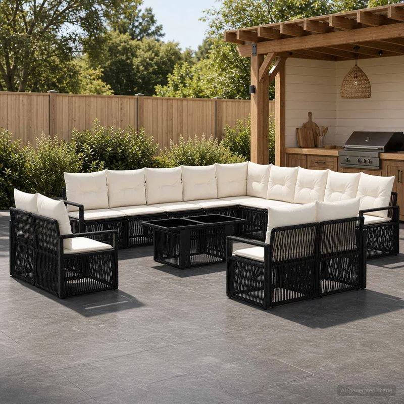 set divano da giardino 14 pz. nero e bianco crema polyrattan