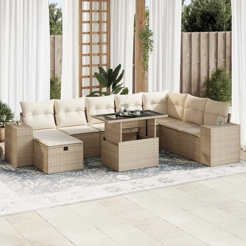 9-tlg. set divano da giardino con cuscini Beige Poly Rattan