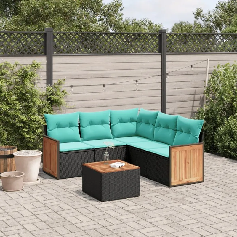 6 pezzi set divano da giardino con cuscini, nero polyrattan