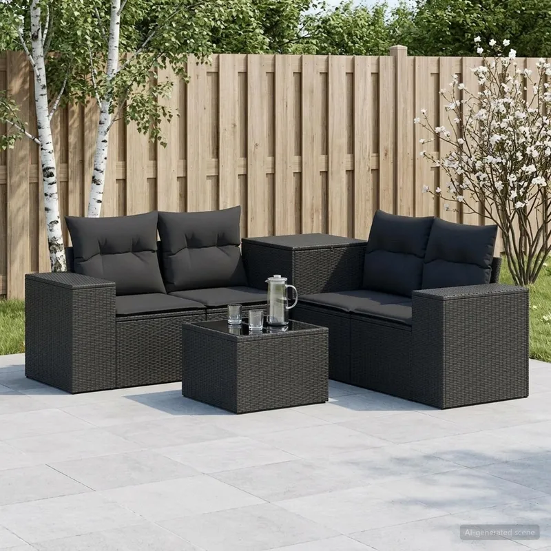 divano Set 6 pz. nero polyrattan e acciaio