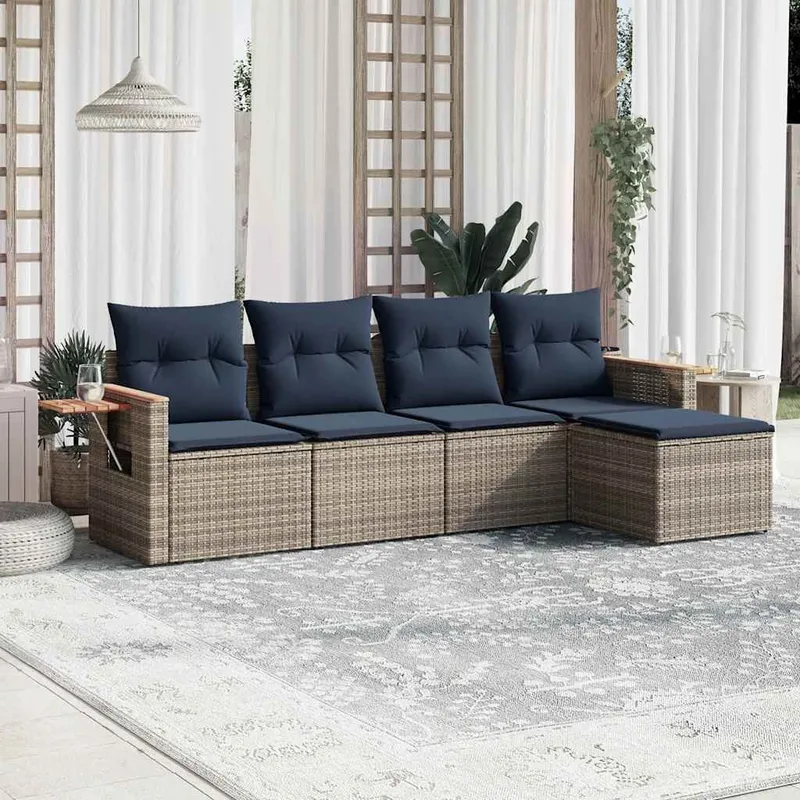 5-tlg. Garten-Sofagarnitur mit Kissen Grau Poly Rattan